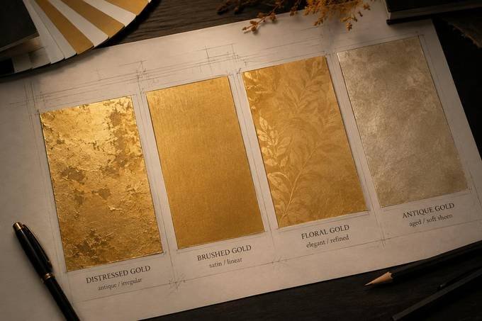 Gold leaf sample board with distressed, brushed, floral and antique finishes