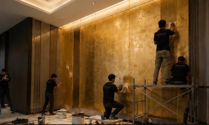 GOLD'LIV team gilding a full-height gold leaf wall on site