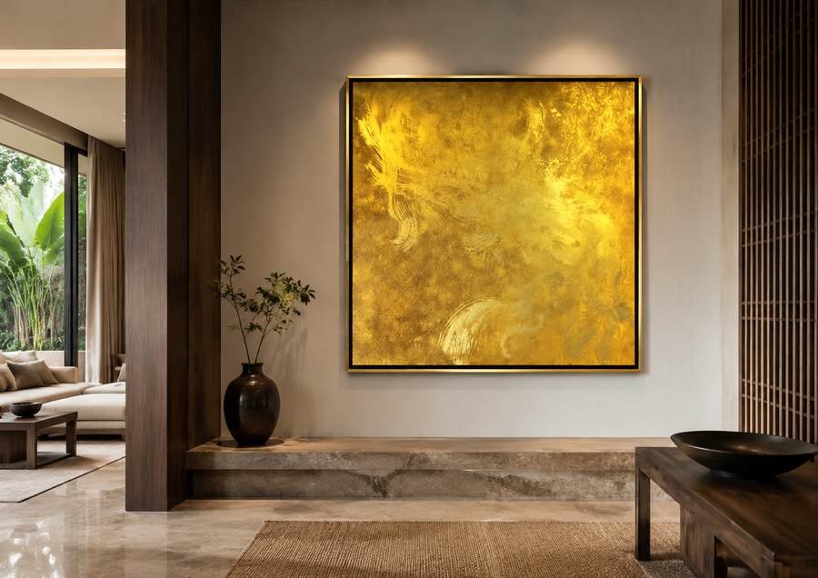 Abstract painting in pure gold leaf on canvas